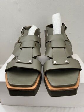 Vic Matie Olive Green Strappy Square-Toe Sandals with Rivet Detail